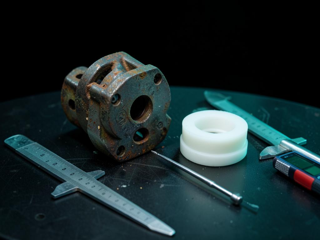 A worn metal part beside its newly manufactured replacement on an inspection bench